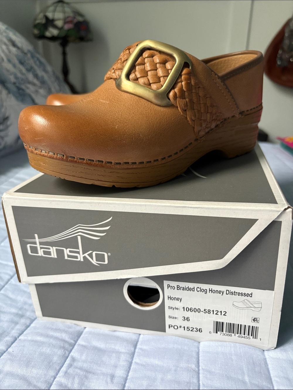 Dansko Honey Brown Braided Leather Clog with Brass Buckle